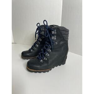 Sorel Conquest Wool Wedge Ankle Boots Womens Size 5 Black Leather Lace Up